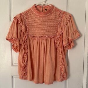 Free People Coral Ruffle Blouse
